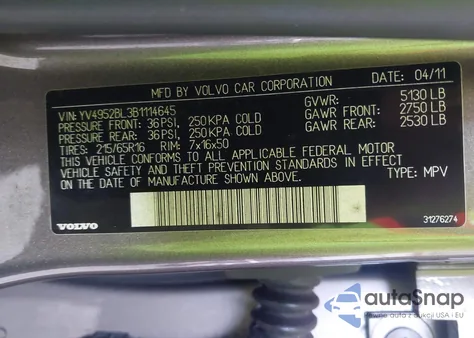 2011 Volvo Xc70 3.2 from USA, damaged, VIN YV4952BL3B1114645